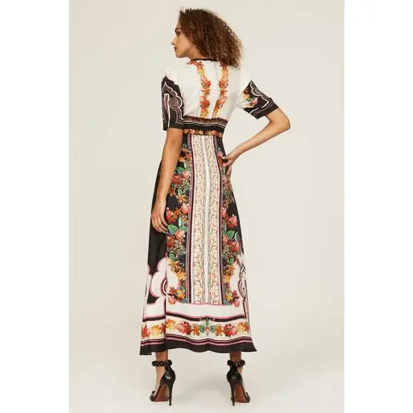 SALONI Tabitha 100% Silk Black Red A-Line Skirt Cutout Scalloped Bodice Dress 8 - Picture 2 of 15